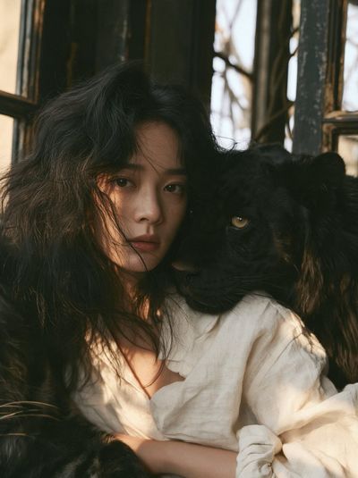 East Asian Woman and Black Panther Share Quiet, Cinematic Intimacy