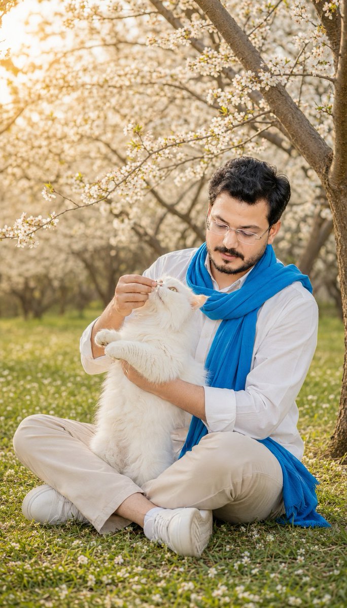 Man in blue scarf plays with white cat in spring orchard