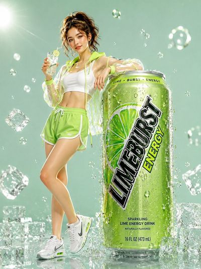 A confident woman in neon green poses with an oversized energy drink