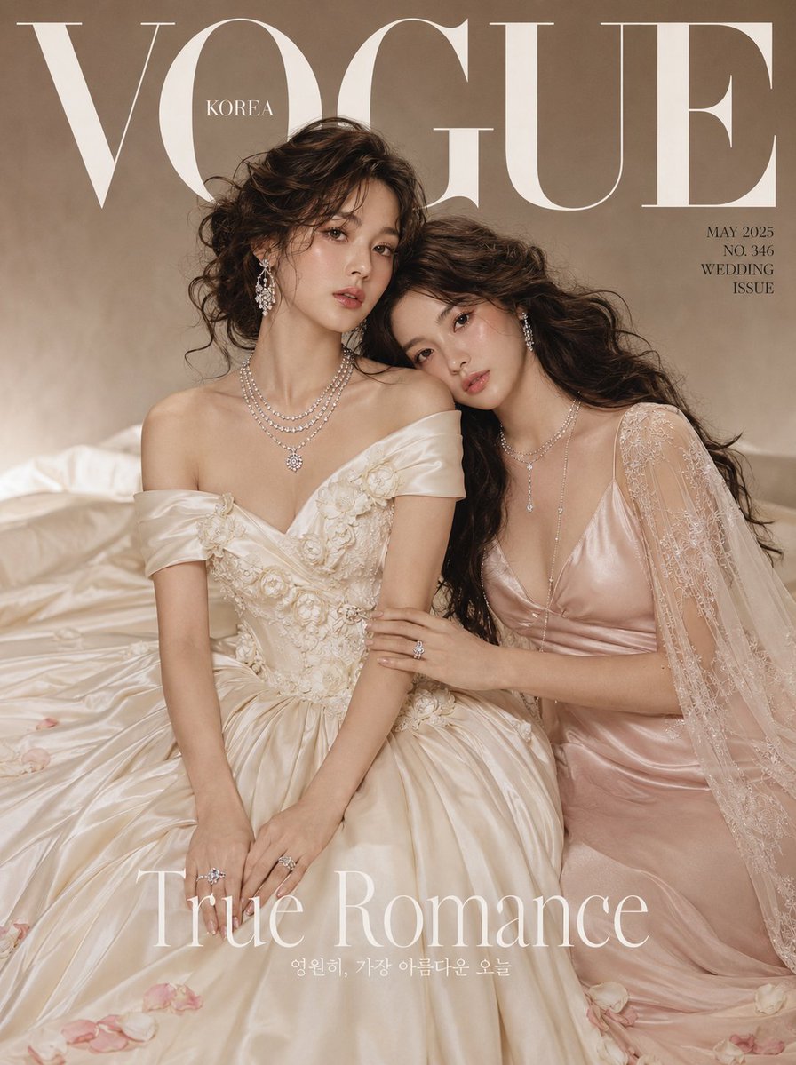 Two brides in ivory satin and blush silk pose intimately for Vogue