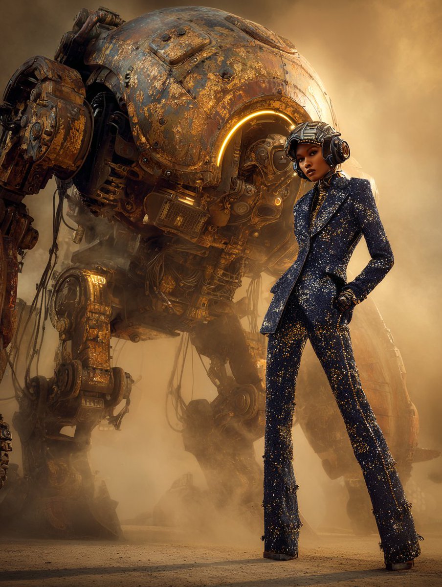 Stylish woman in sequined suit poses before a giant golden robot