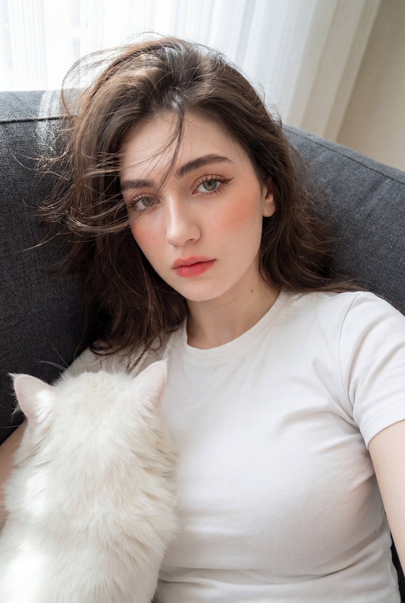 Young woman gently kisses fluffy white cat on sofa