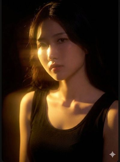 Golden light illuminates a serene East Asian woman in portrait