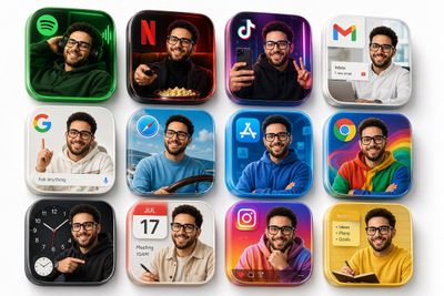 Twelve glossy app icons display the same man in different styles.