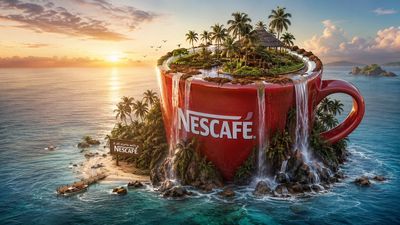 Tropical Island Shaped Like a Nescafé Mug with Coffee Waterfalls