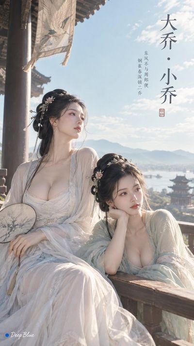 Two elegant Song dynasty sisters grace a minimalist bronze sparrow terrace