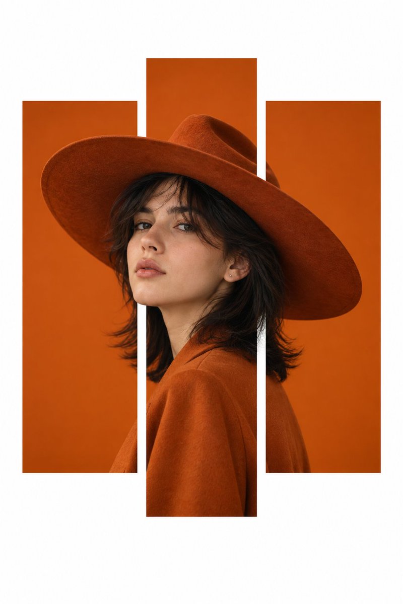Minimalist Orange Panels Frame Woman in Cowboy Hat