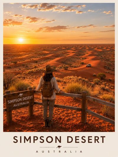 A lone traveler stands on a dune ridge at sunset.