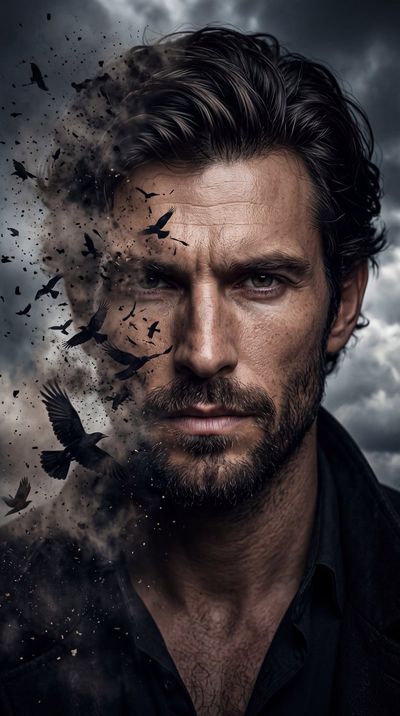 A man's face dissolves into dark particles and flying birds