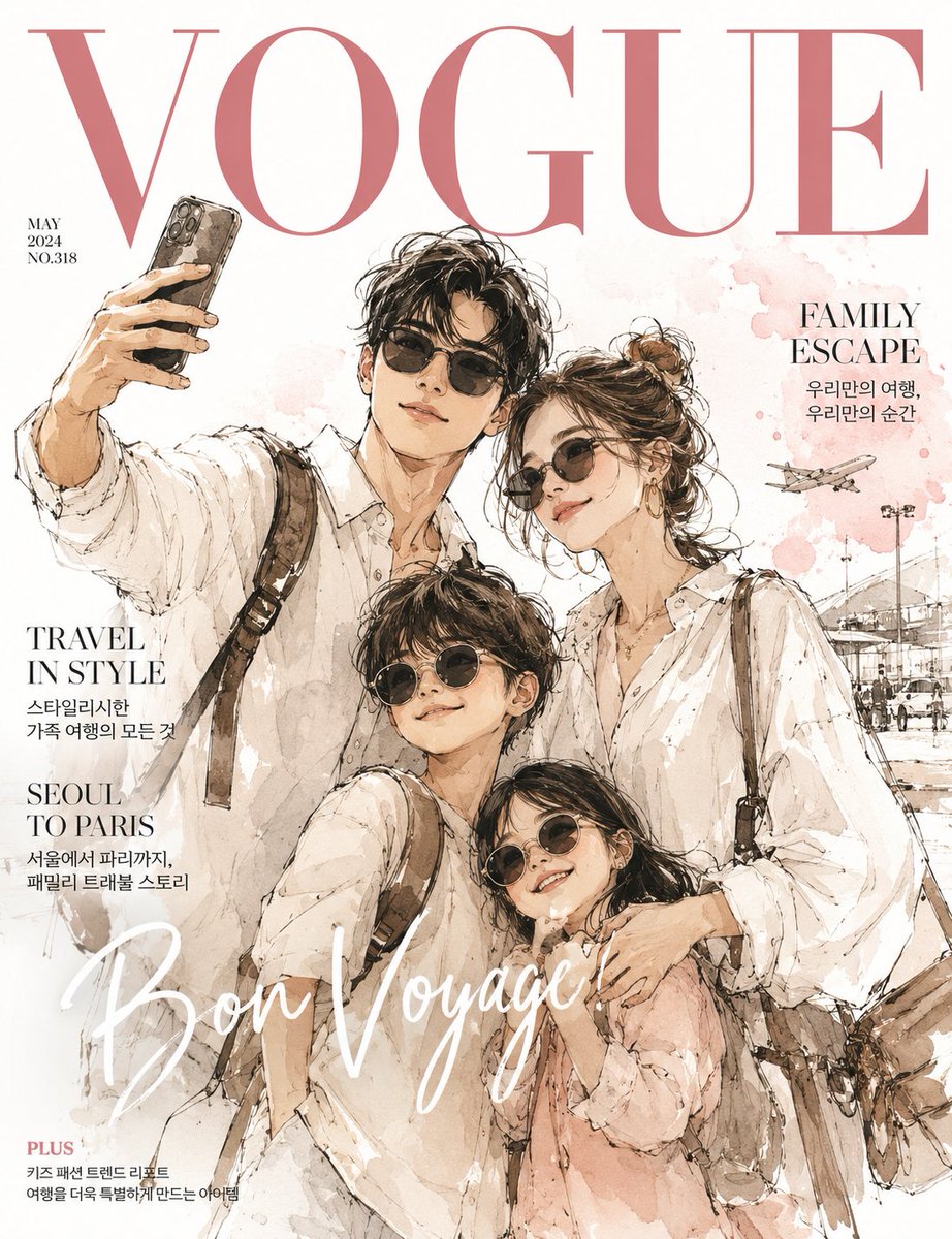 A stylish family poses for a casual airport selfie in soft watercolors.