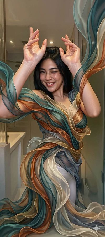 Translucent silk ribbons wrap around a hyper-realistic portrait face