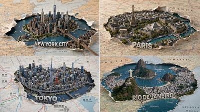 Ripped map reveals miniature Paris with Eiffel Tower and Seine