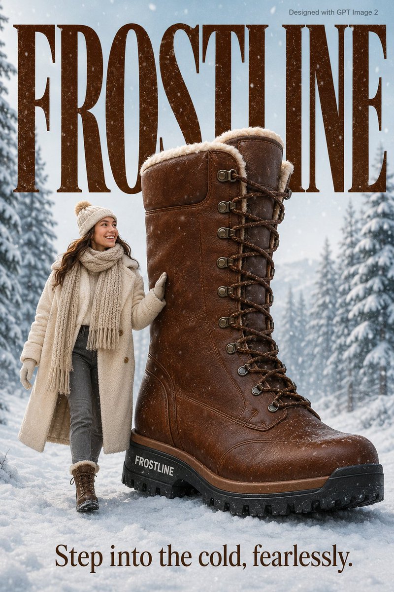 Woman in cream coat stomps beside giant boot in snowy forest
