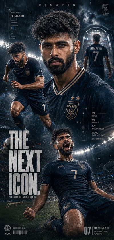 South Asian footballer stares through rain in cinematic stadium poster