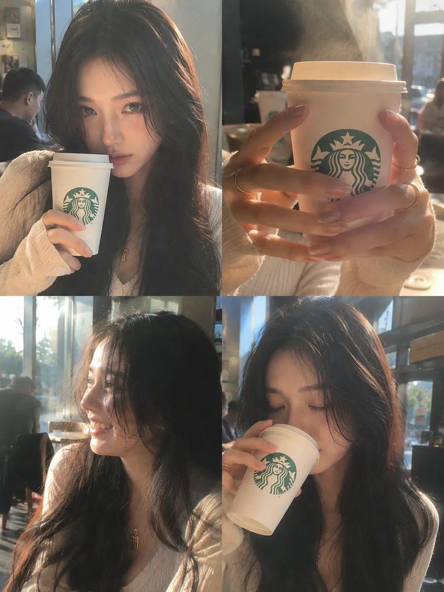 Woman sips coffee in sunlit cafe with candid iPhone charm