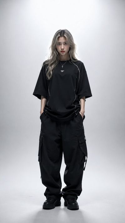 Silver-blonde model in black streetwear stands calmly with intense gaze