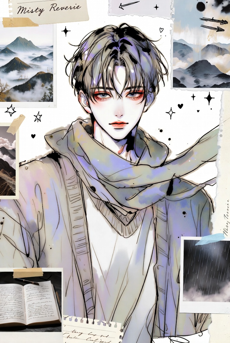Misty anime boy with red eyes wears a cozy scarf