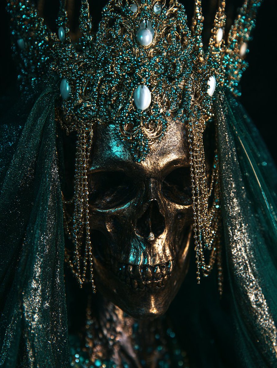 Bronze Skull Wears Jeweled Gold Crown In Dark Fantasy Portrait