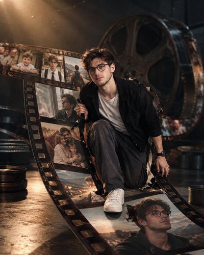 South Asian Man Steps Out of Giant Vintage Film Strip in Studio