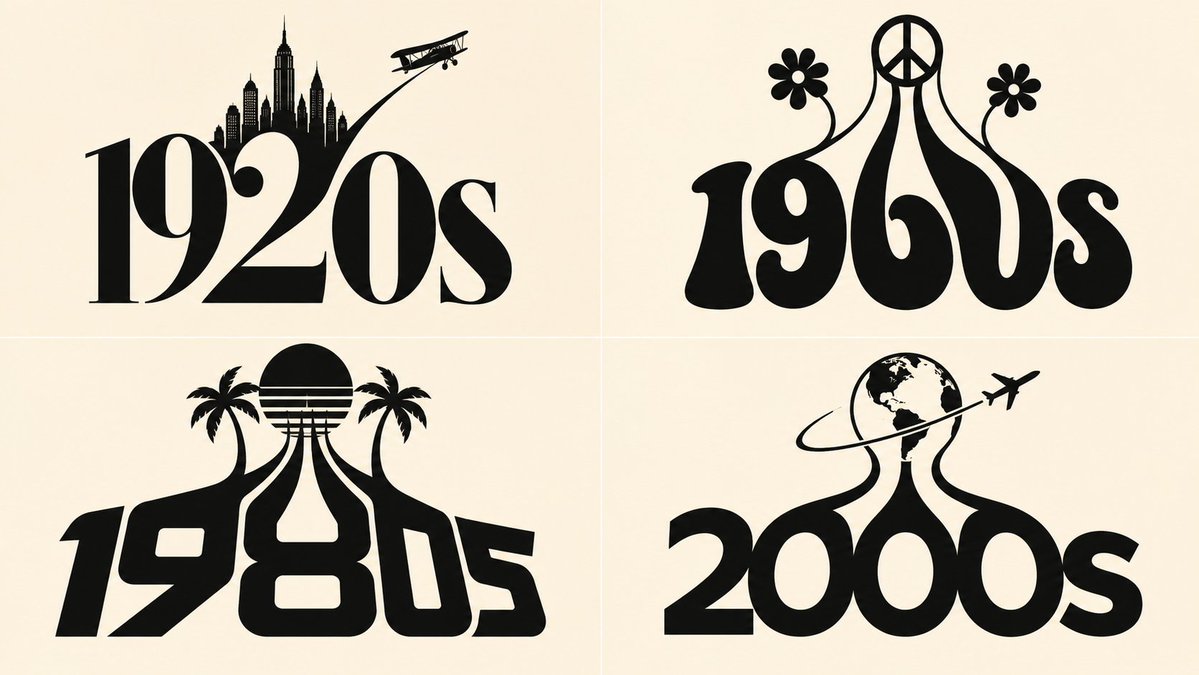 Four Decades Collide in Bold Black Vector Logos on Cream