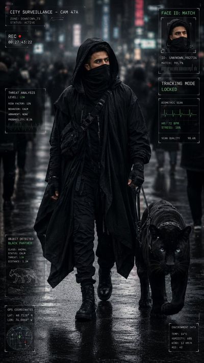 A cloaked figure walks with a black panther through a rainy cyberpunk street