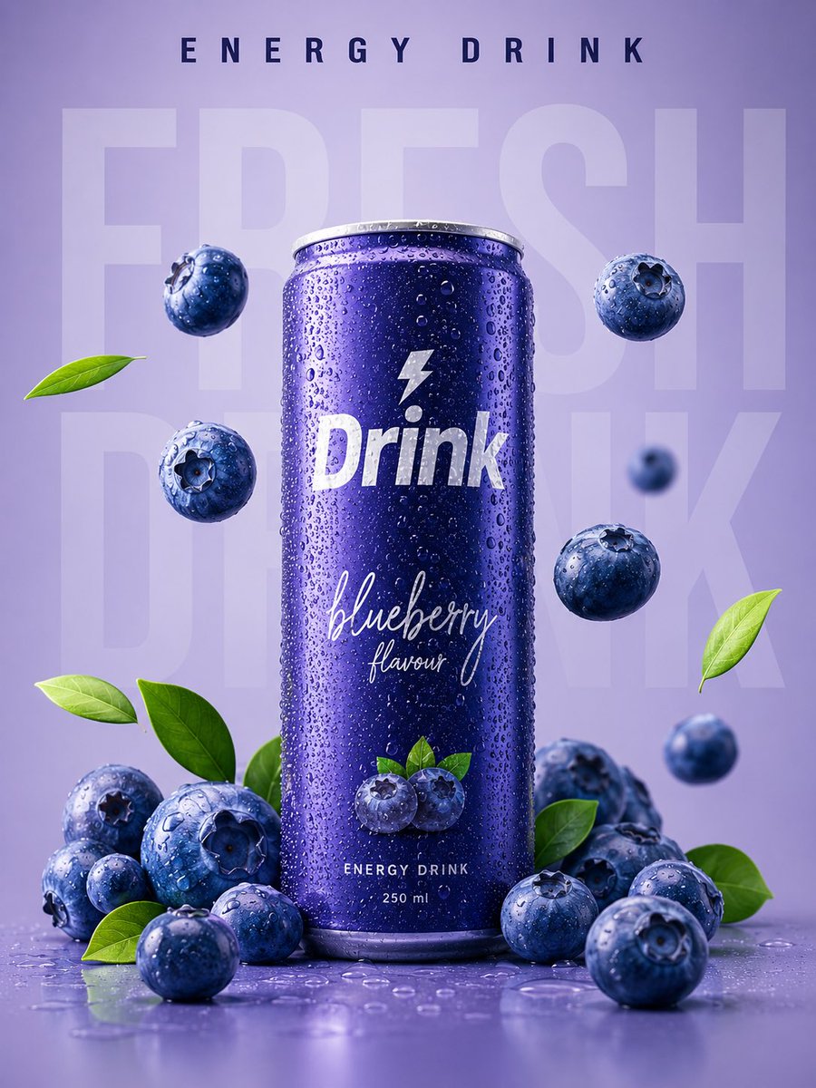 Chilled blueberry energy drink stands against soft lavender backdrop