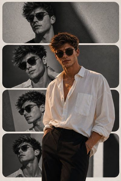 Stylish woman in black and white panels with bold man cutout