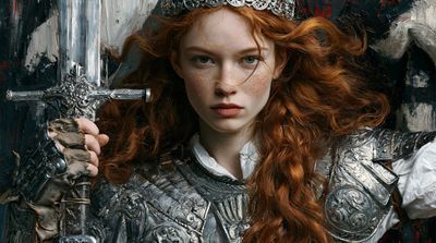 Red haired warrior queen grips ornate sword in classical oil portrait