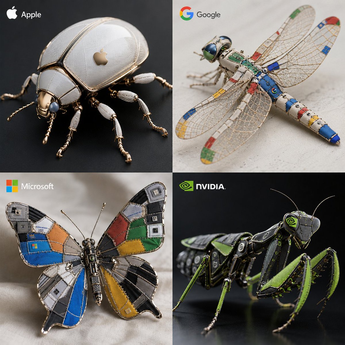 Four tech-brand insects display signature patterns in grid layout