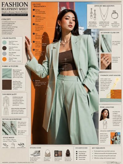 Model poses beside orange wall in mint blazer and trousers
