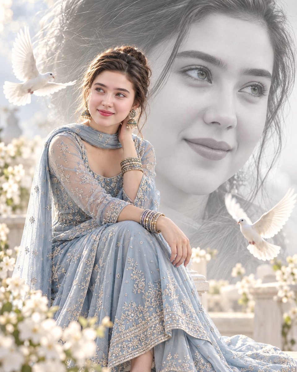 Elegant Woman in Pastel Blue Anarkali Sits with Flying Pigeons