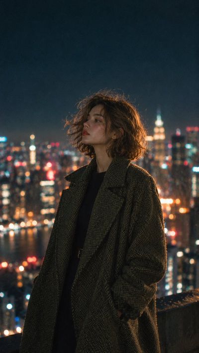 Woman in Wool Coat Gazes at Glittering City Lights from Rooftop