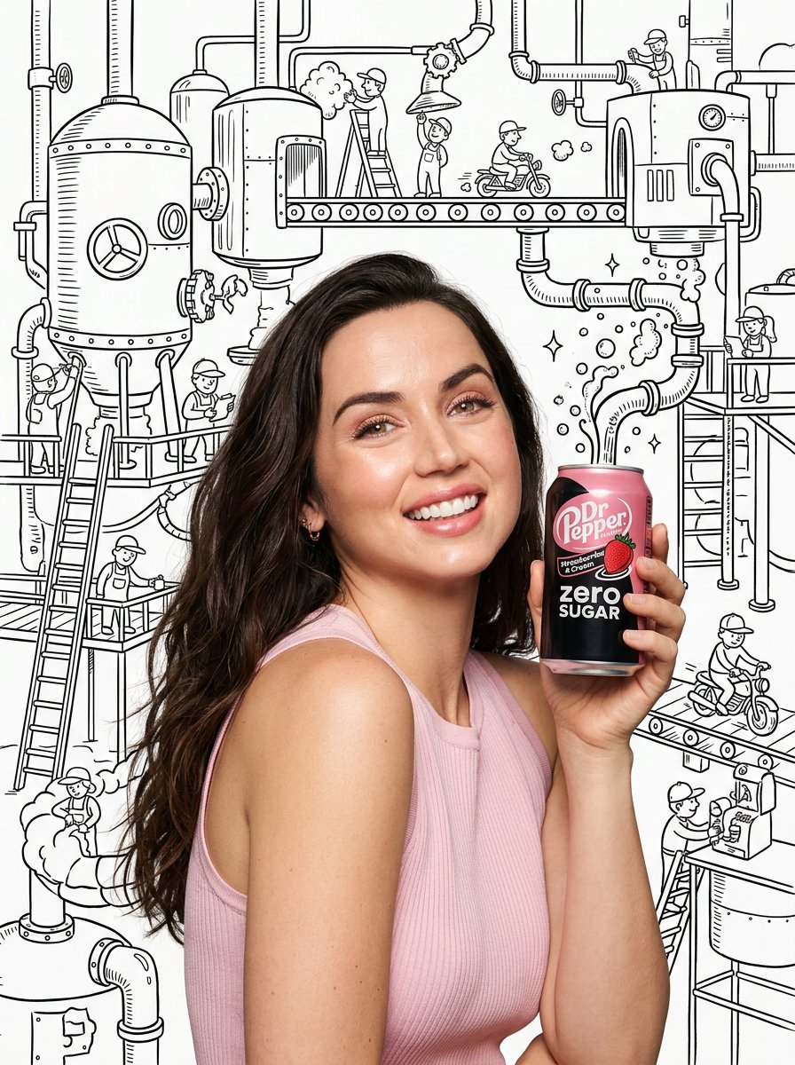 Ana de Armas with Dr Pepper in a Whimsical Soda World