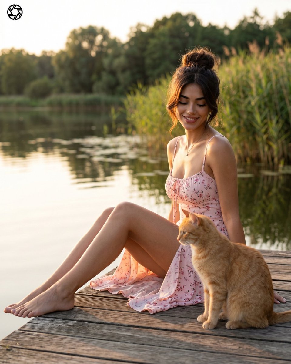 Woman in floral dress sits with cat on lakeside dock at sunset
