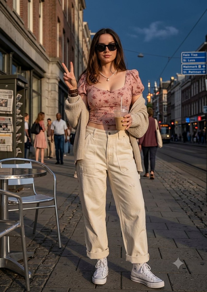 Young woman flashes peace sign on a sunlit city street.