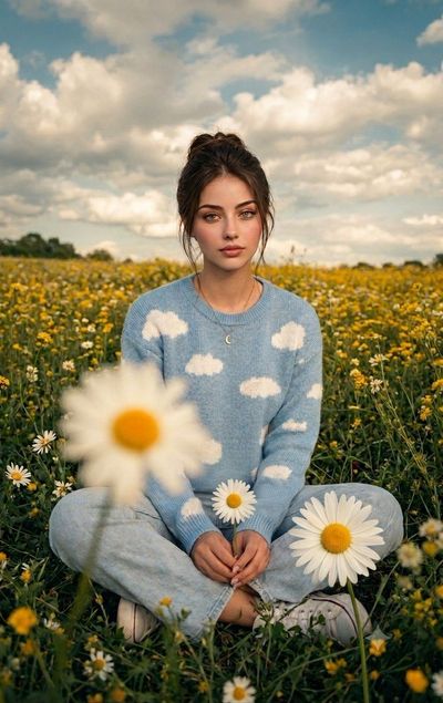 Young woman in cloud sweater holds daisies in a sunny field