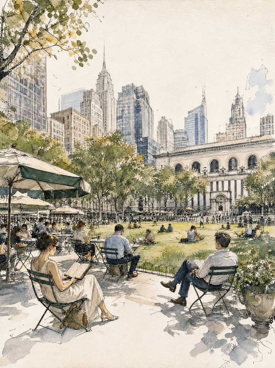 Sunlit park picnic with Manhattan skyline in nostalgic watercolor style