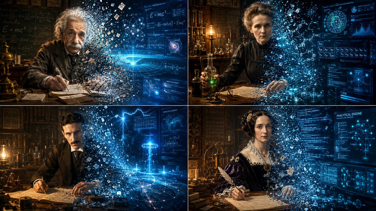 Einstein's left half remains calm while digital shards tear his right side apart
