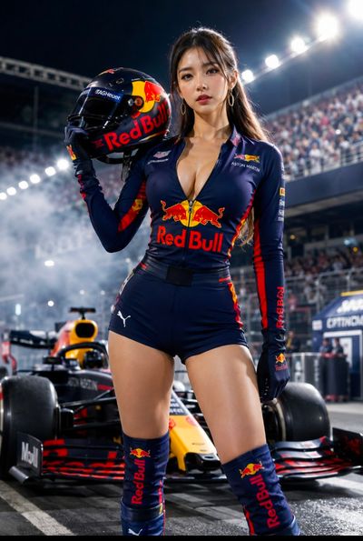 A confident grid girl holds her helmet under bright race lights