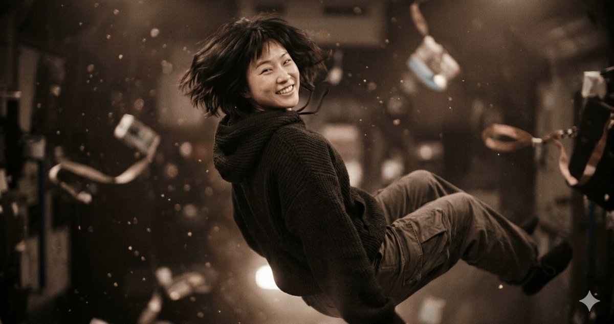Radiant Smile Amidst Zero Gravity in a Futuristic Spaceship
