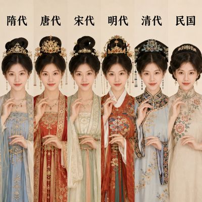 A Chinese dynasty fashion collage spans from Sui to Republic era