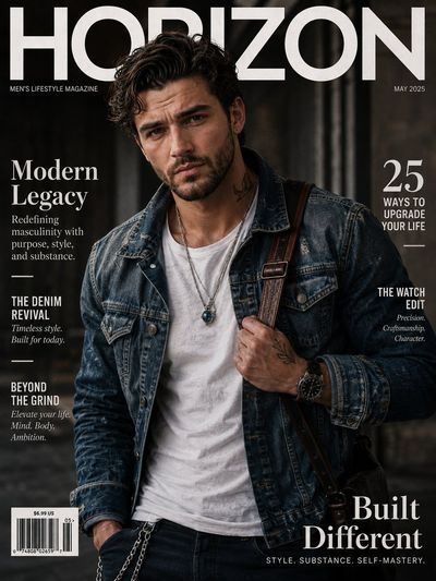 A rugged model in a denim jacket stares confidently from a magazine cover.