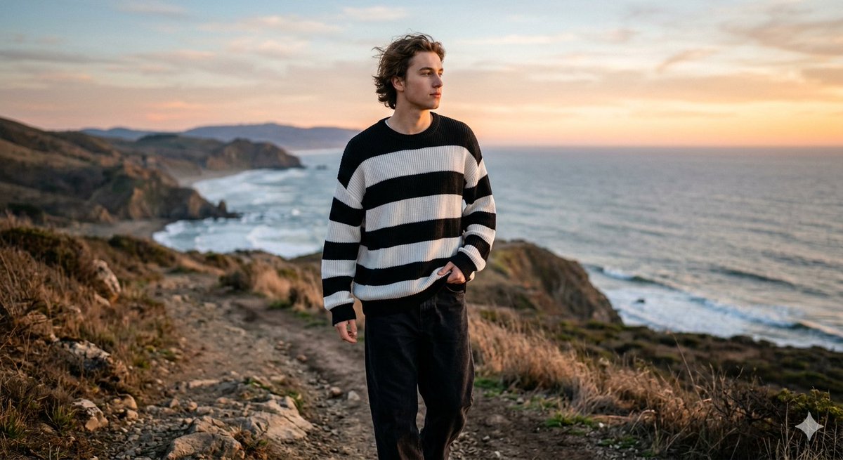 Cinematic Portrait of Young Man at Seaside Sunset