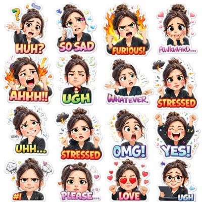 16 Expressions of a Green-Eyed Cartoon Girl