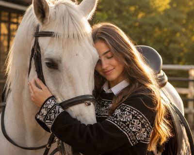 Golden hour hug between woman and white horse in meadow