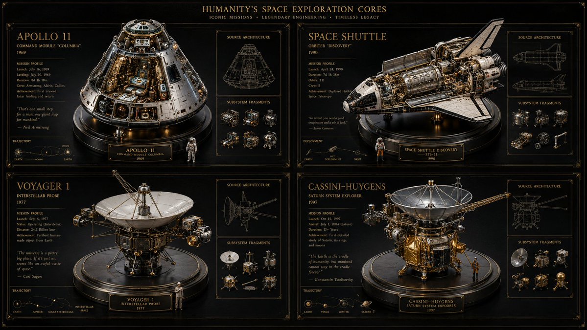 Four iconic space missions displayed in golden blueprint frames