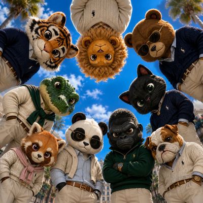 A circle of cute animal friends peers down at the camera