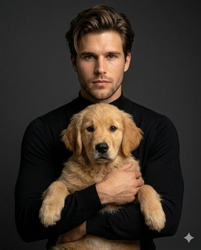 Elegant human holds calm pet in studio portrait with soft lighting.