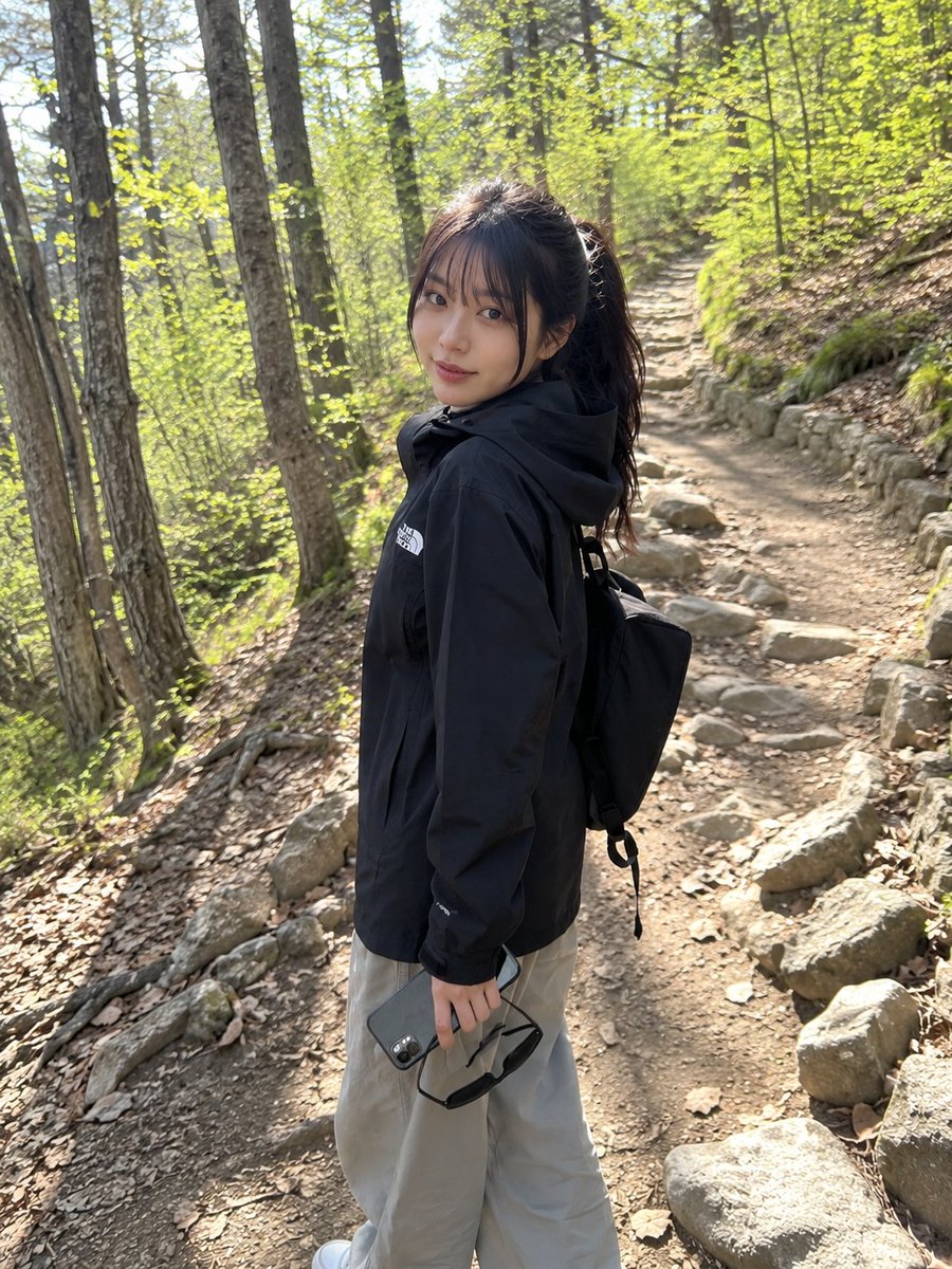 A young hiker pauses on a forest trail checking her phone
