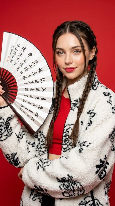 Young woman with braids smiles softly beside a large red fan